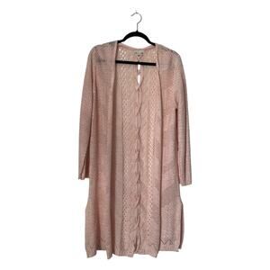 C'est Sweater Cardigan Size XL Pink Open Front Pointelle Knit Long Duster Kimono